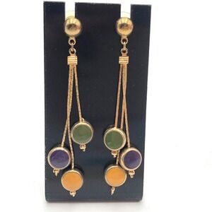 Vintage Purple Yellow Green Drop Dangle Studs Earrings Gold Tone 2 3/4" Rainbow
